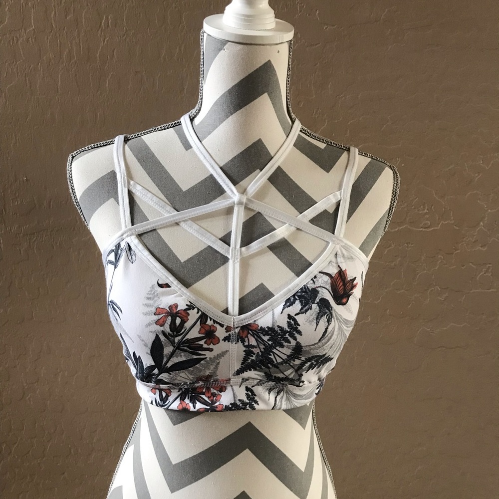 Zella Floral Print Cage Style Sports Bra {White} M - Picture 2 of 8